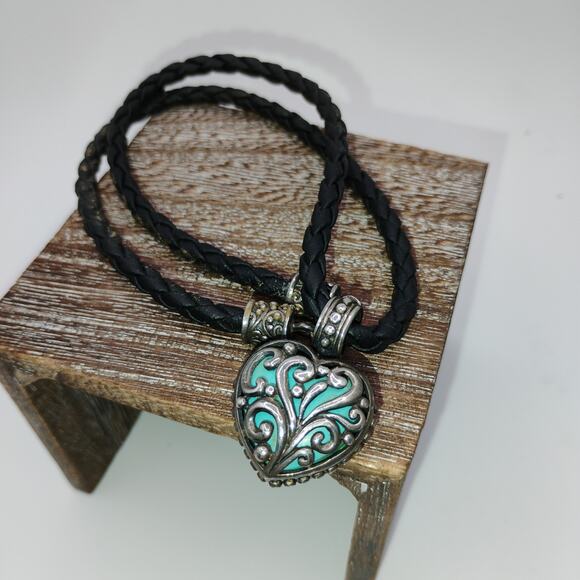 Double-Sided Sterling Heart on 16-inch Braided Leather - Picture 3 of 5